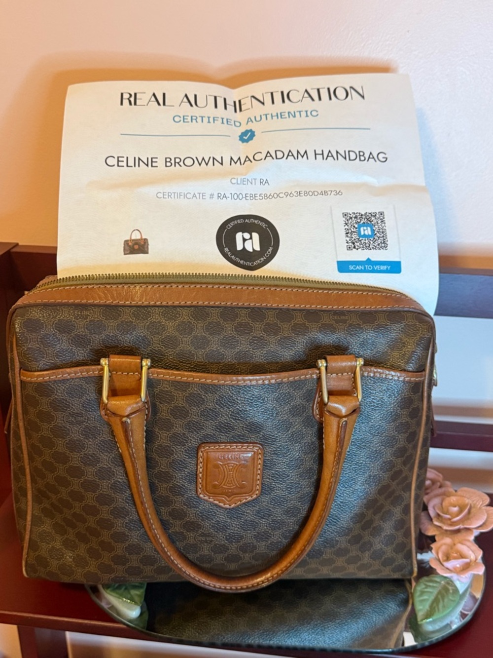 Celine Brown Macadam Canvas Handheld Bag with Tan Trim